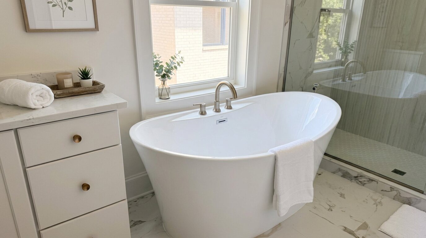 Primary bathroom with freestanding soaking tub and marble walk-in shower