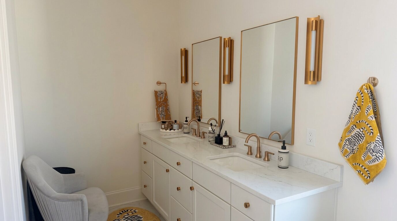 Double vanity with two sinks, gold fixtures and framed mirrors