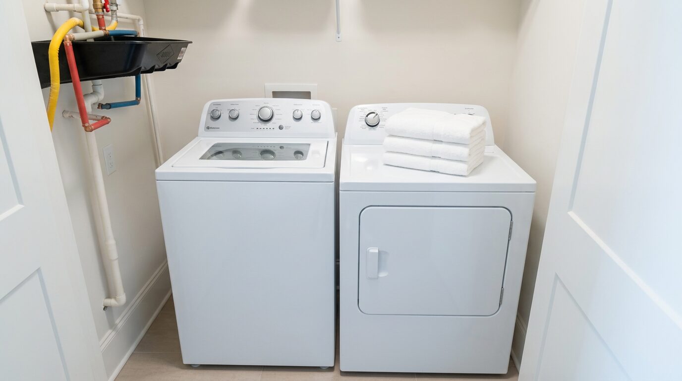 Laundry room with full-size washer and dryer and folded white towels